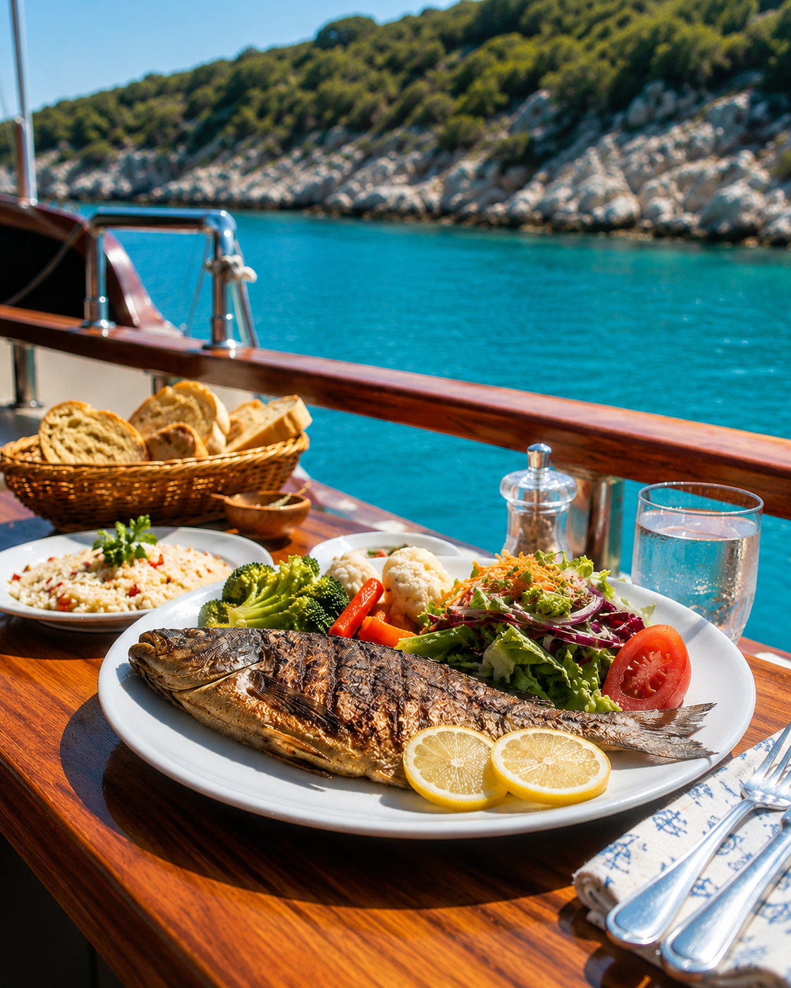 Tekne üzerinde deniz manzarasına karşı hazırlanmış özenli öğle molası düzeni