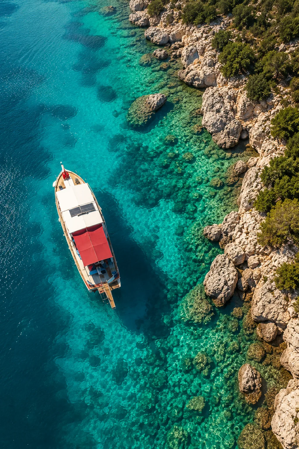 Berkay Boat teknesi turkuaz sular üzerinde Kekova kıyısına doğru seyir halinde