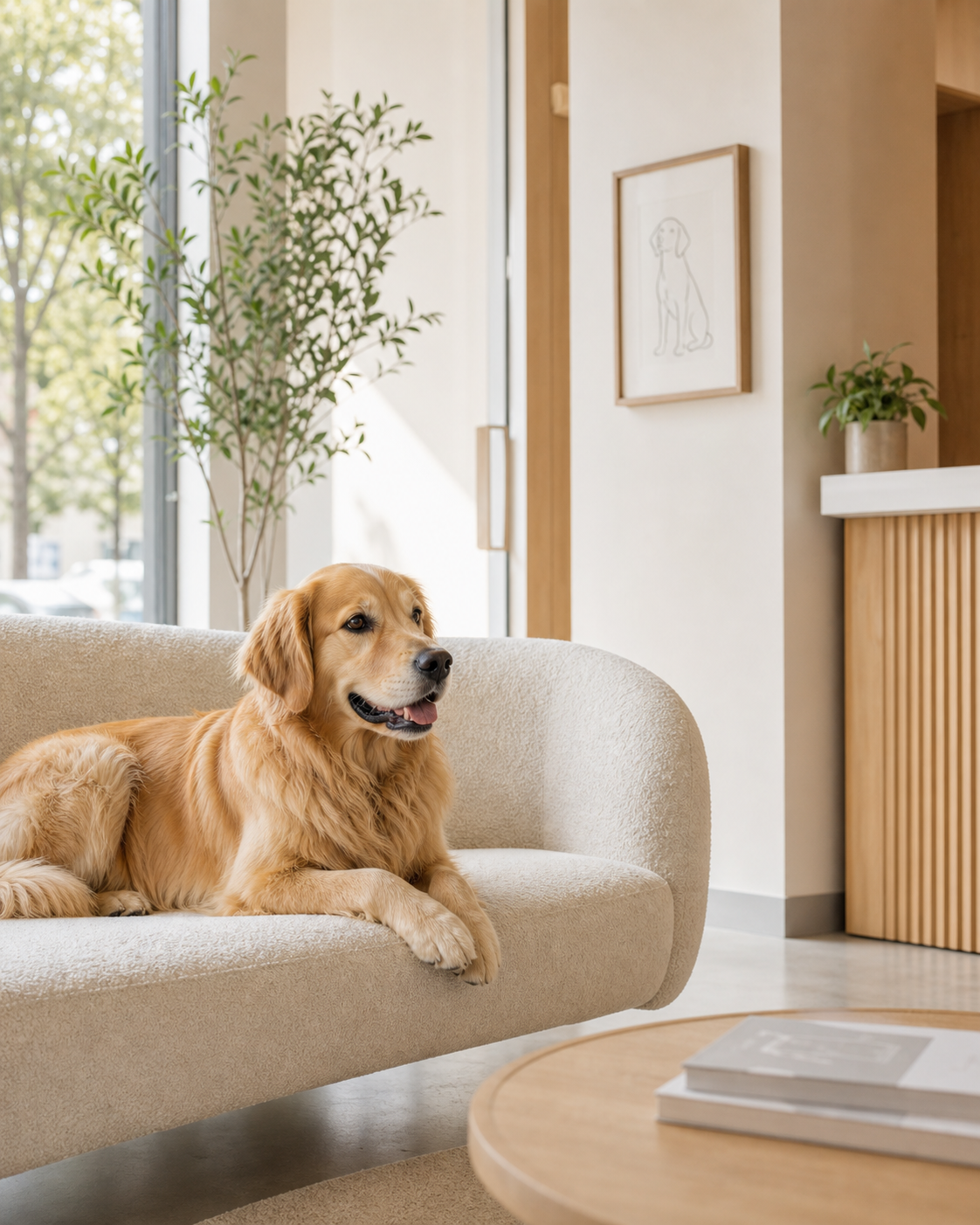 A relaxed golden retriever resting on a sofa in Cascade Veterinary's bright waiting room