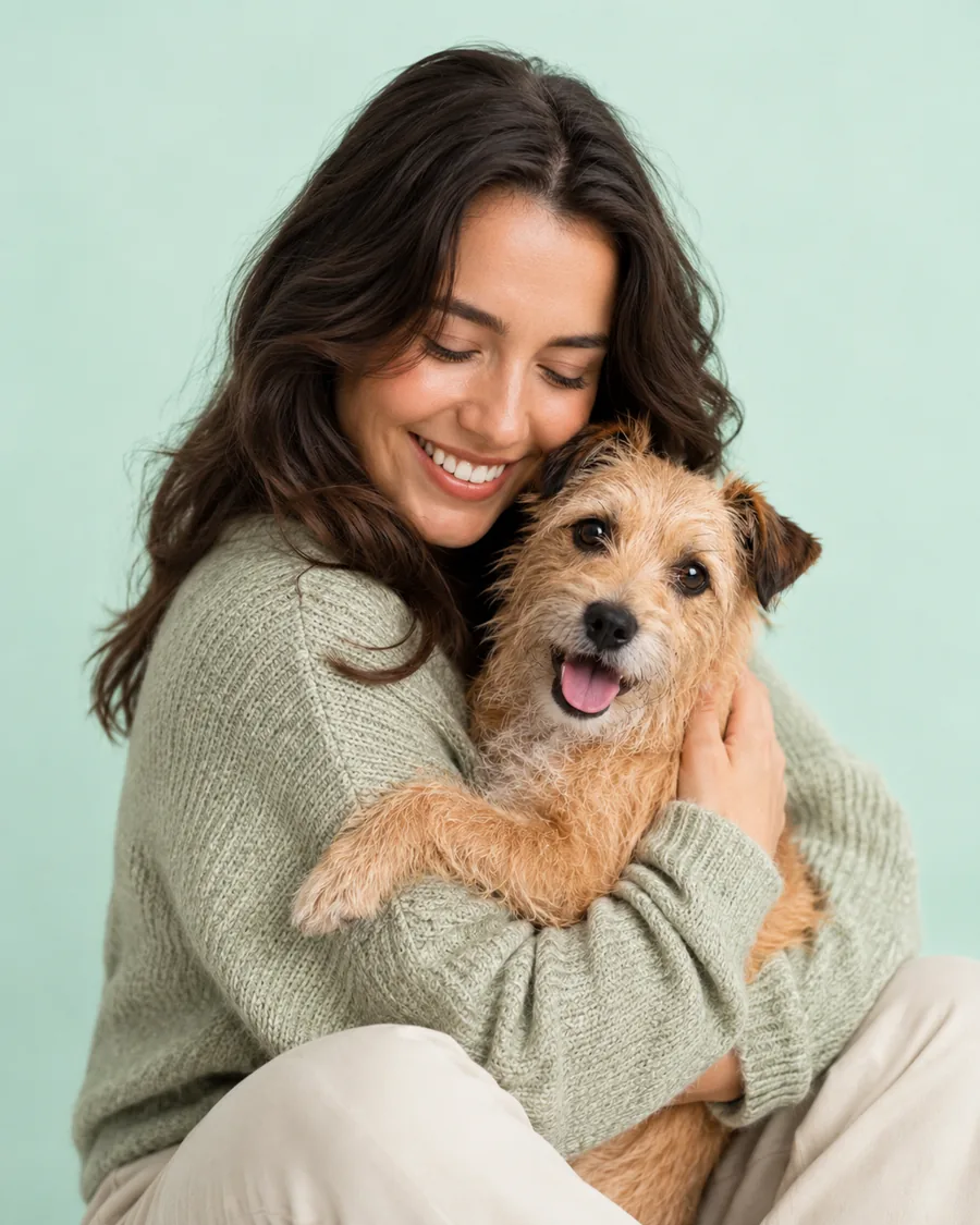 A happy client hugging her terrier, Biscuit