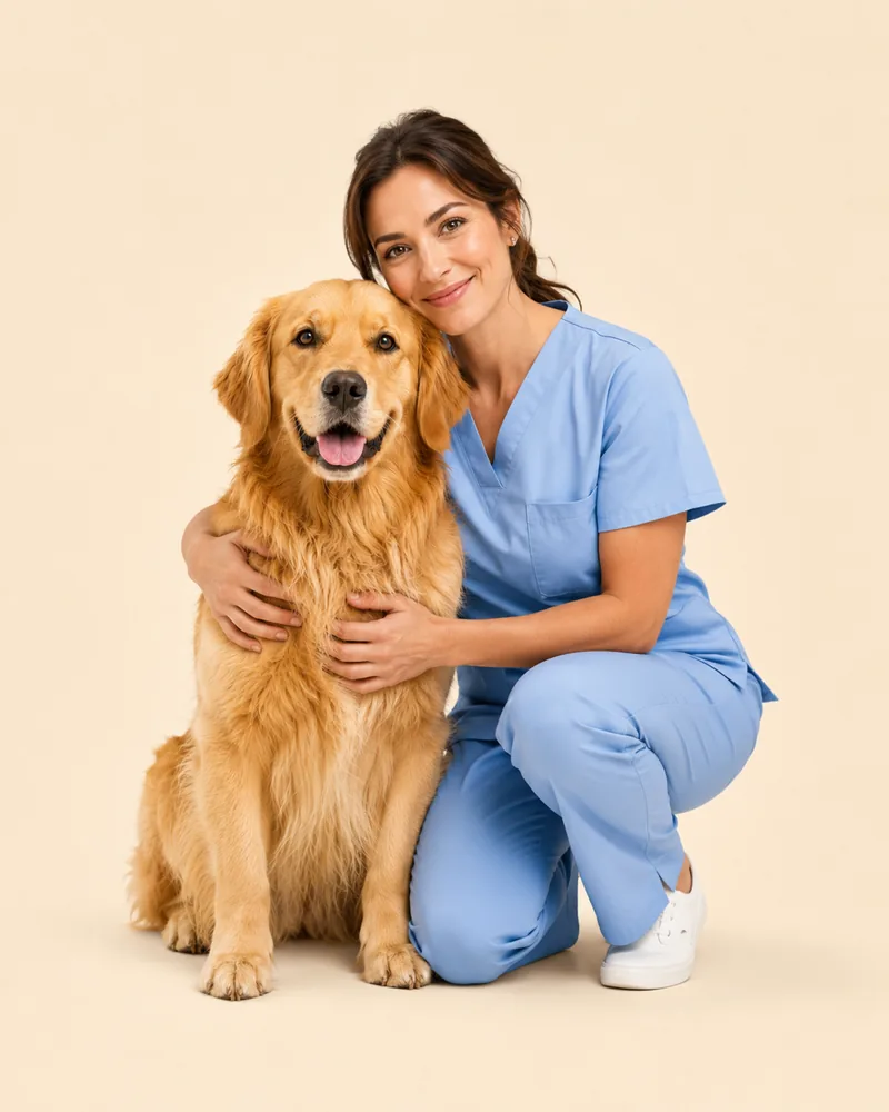 Dr. Elena Cho kneeling beside a golden retriever