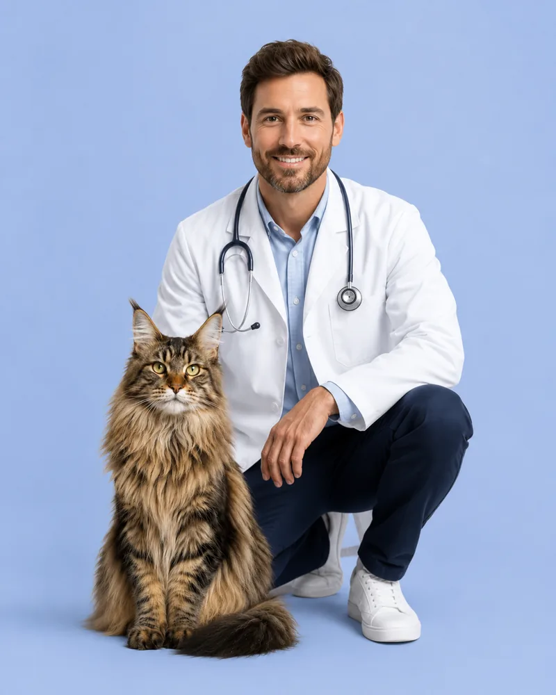 Dr. Marcus Okafor with a Maine Coon cat