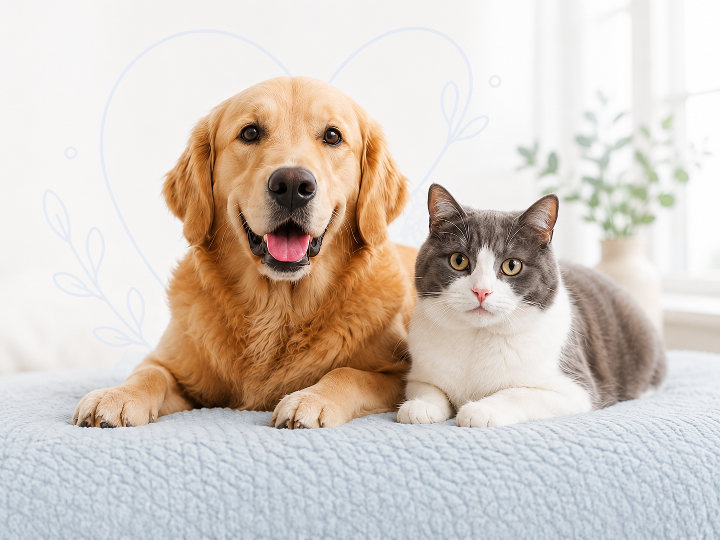A golden retriever and grey-and-white cat resting together