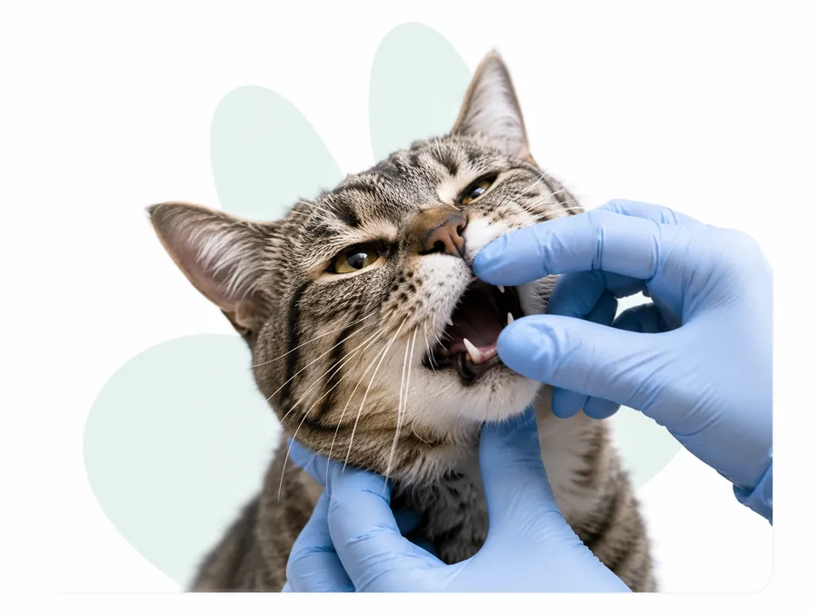 A tabby cat having its teeth checked by a gloved veterinarian