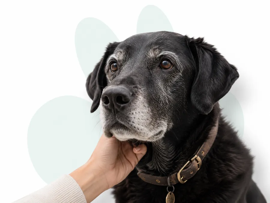 A greying senior labrador being gently held under the chin