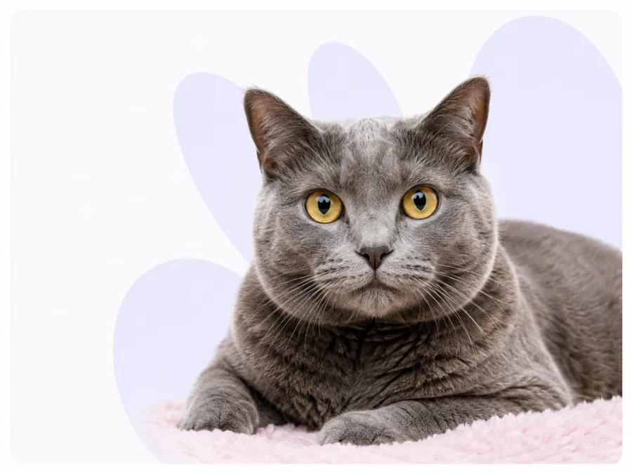 An alert grey cat resting on a soft pink blanket