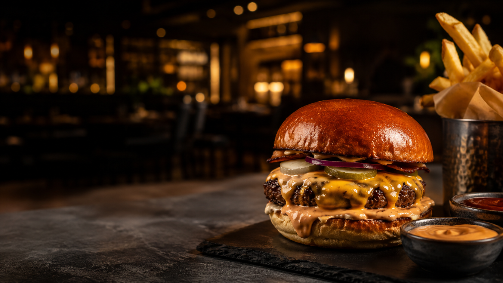 Otto Burger şubesi önünde, sıcak gece ışıkları altında servis edilen el yapımı burger, patates ve ev yapımı ice tea.