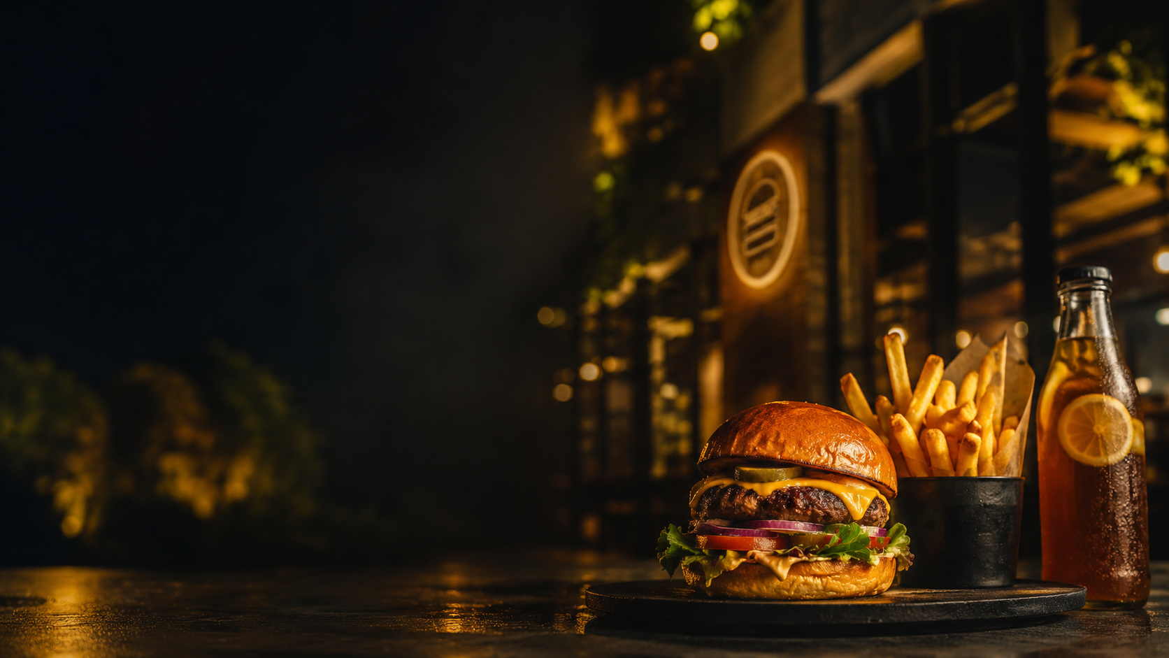 Otto Burger ev yapımı ice tea ve içecekler, sıcak ışık altında.