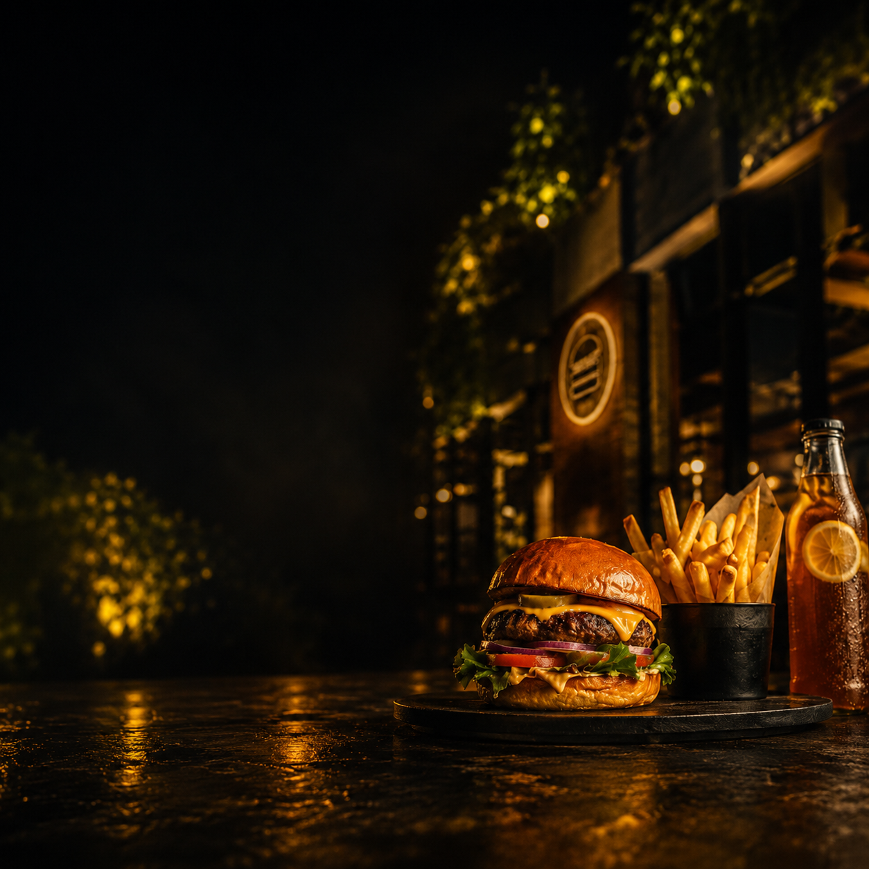 Otto Burger ev yapımı ice tea ve içecekler, sıcak ışık altında.