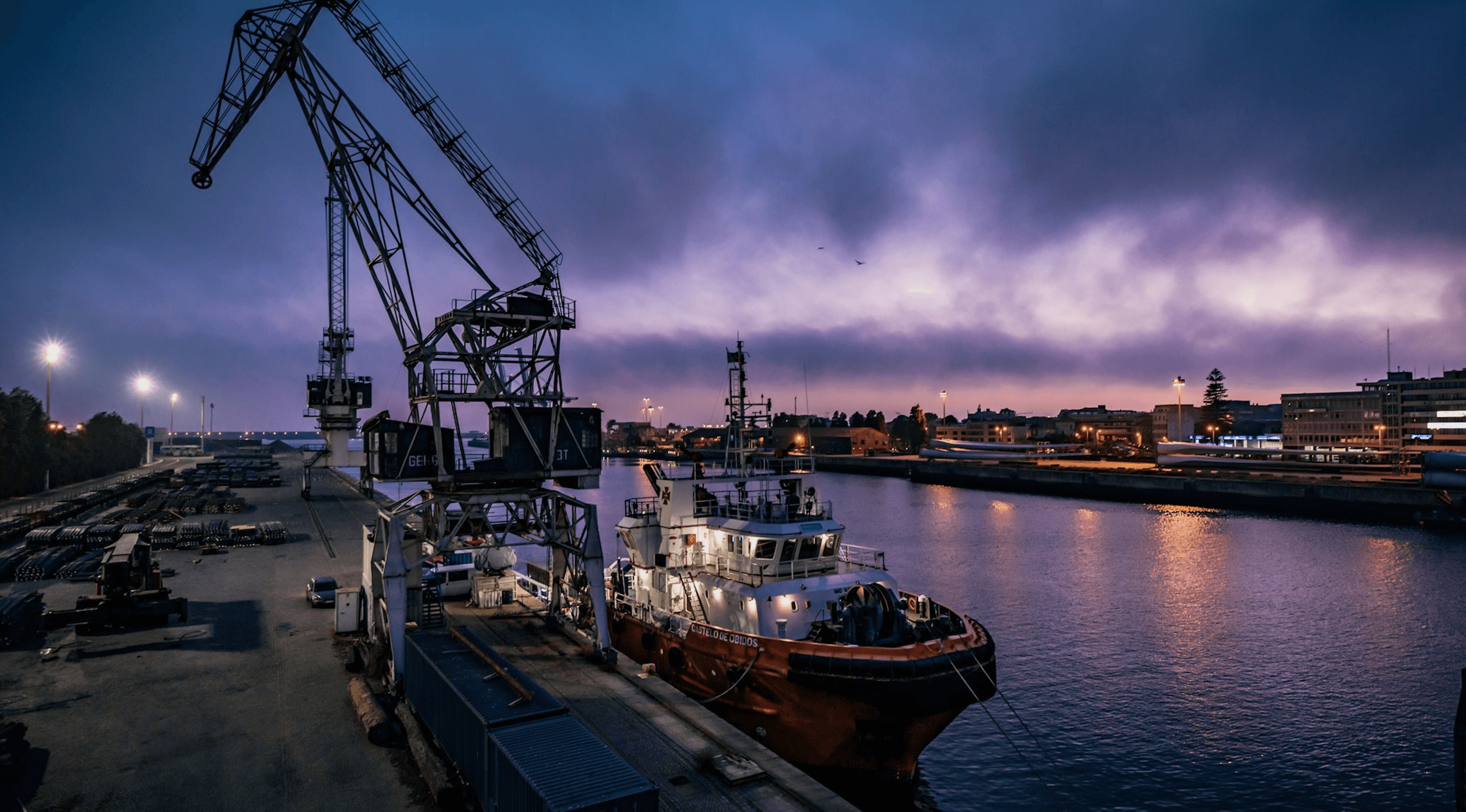 Port logistics at dusk
