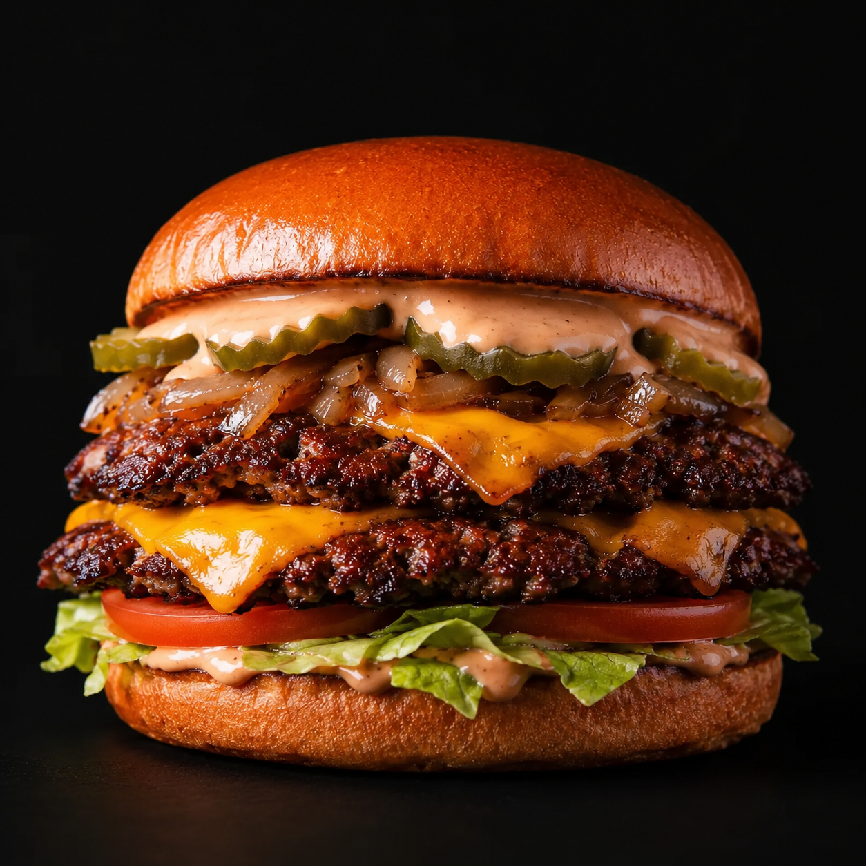 Karamelize soğanlı çift katlı cheeseburger