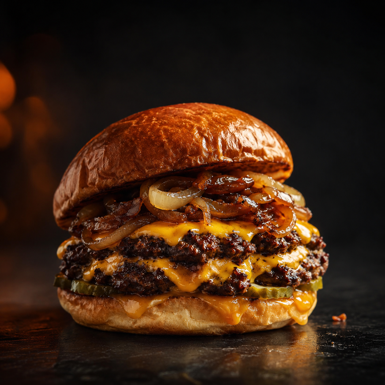 Karamelize soğanlı çift katlı cheeseburger