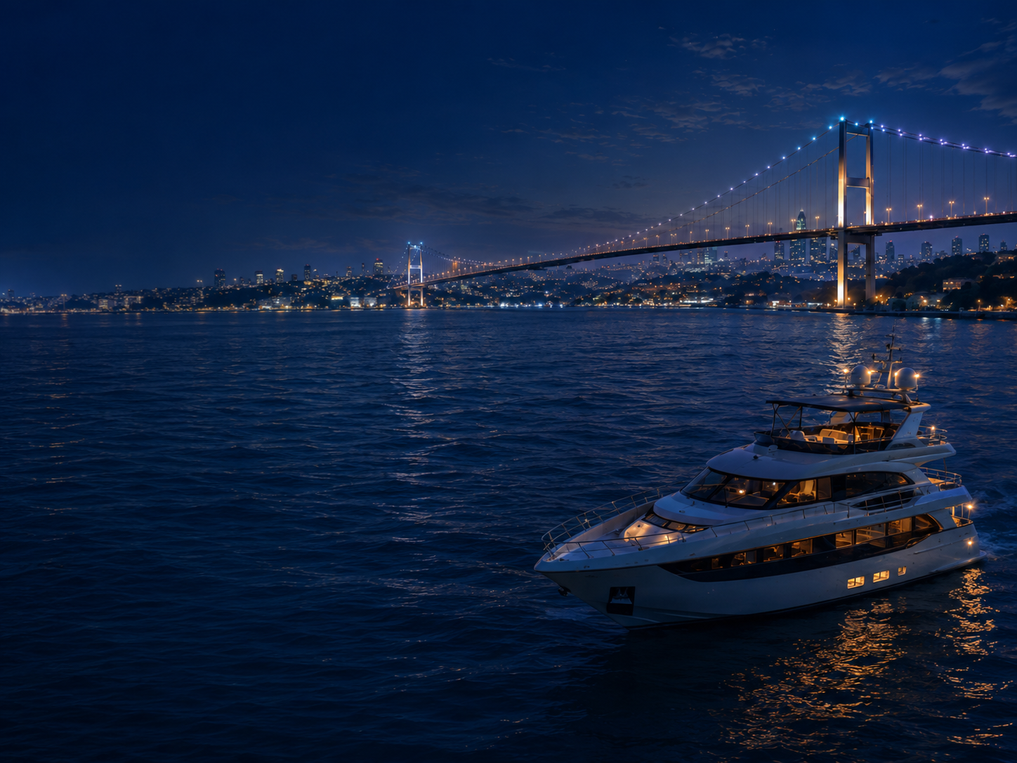 Bosphorus Star — gece köprü ışıklarında büyük yat