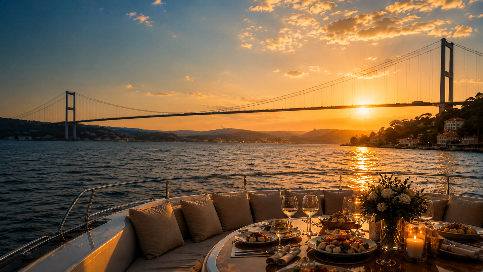Gün batımında Boğaz manzaralı yat masası