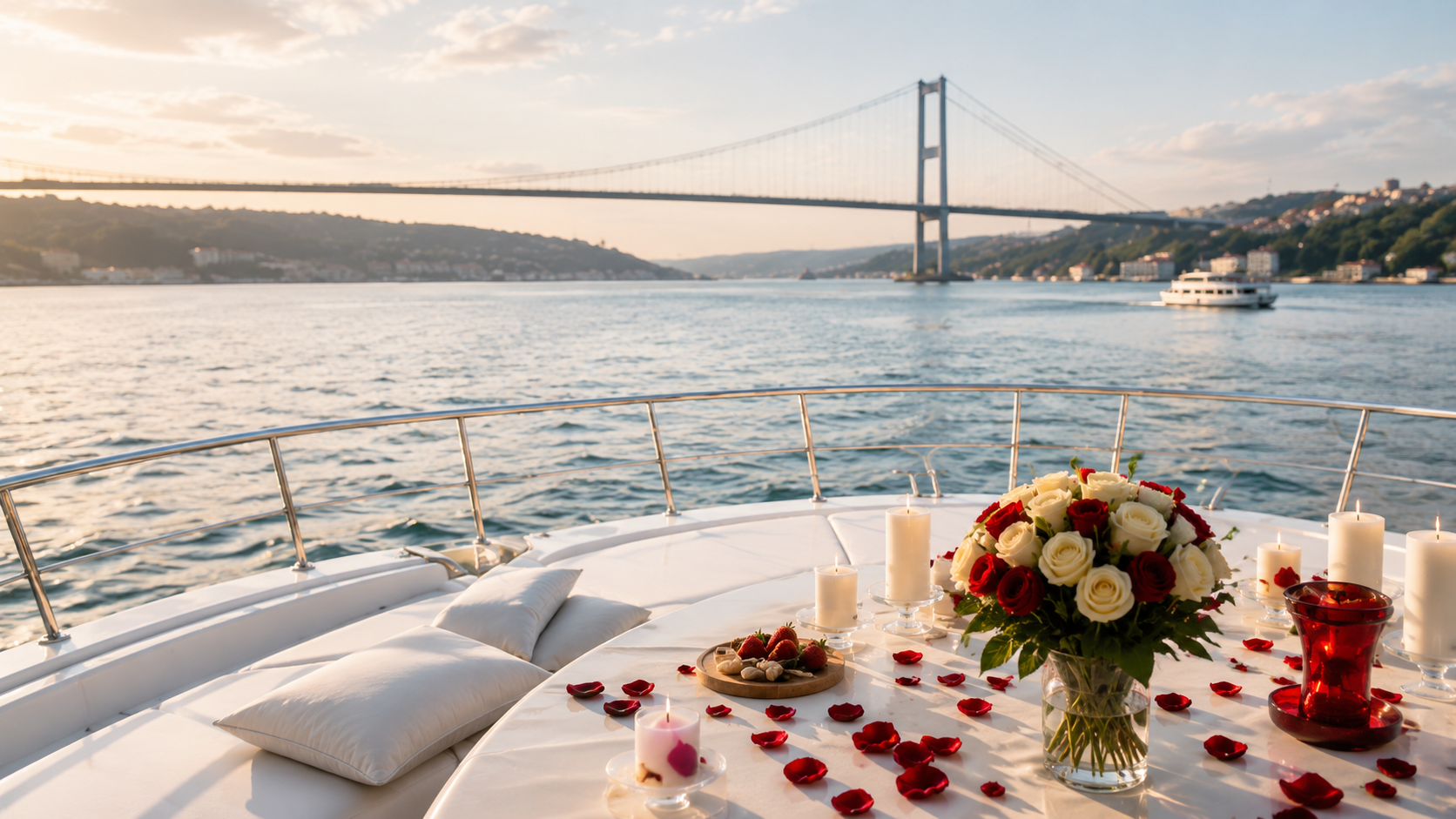 Yat güvertesinde gül yapraklı evlilik teklifi düzeni