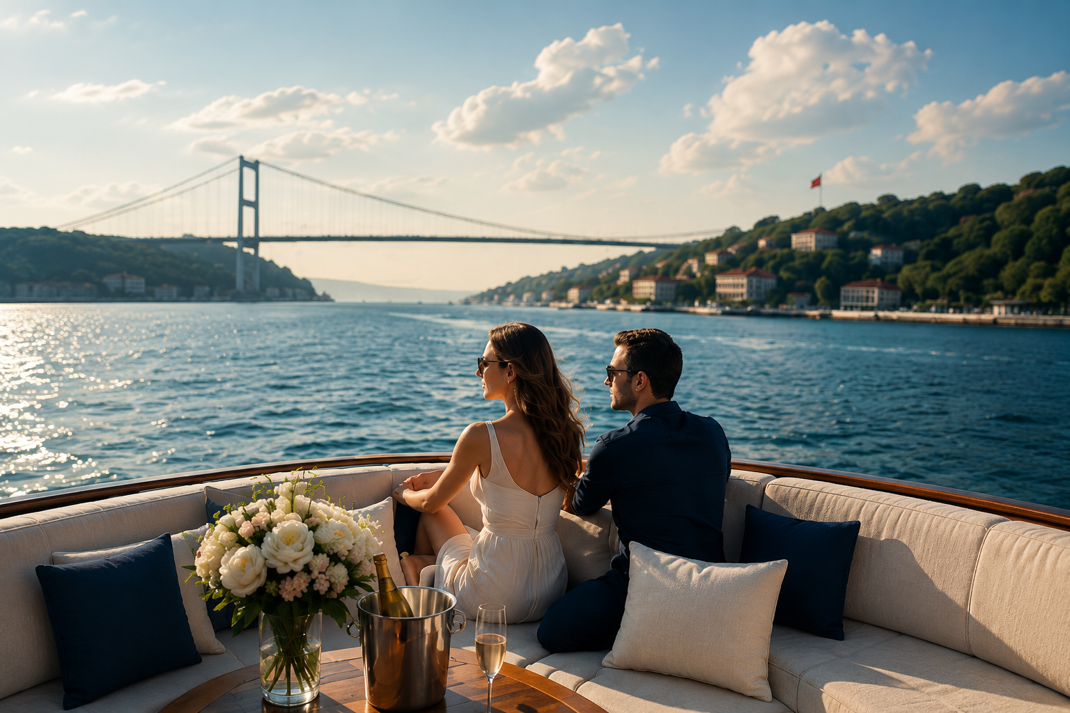 Boğaz'da özel yat deneyimi yaşayan çift