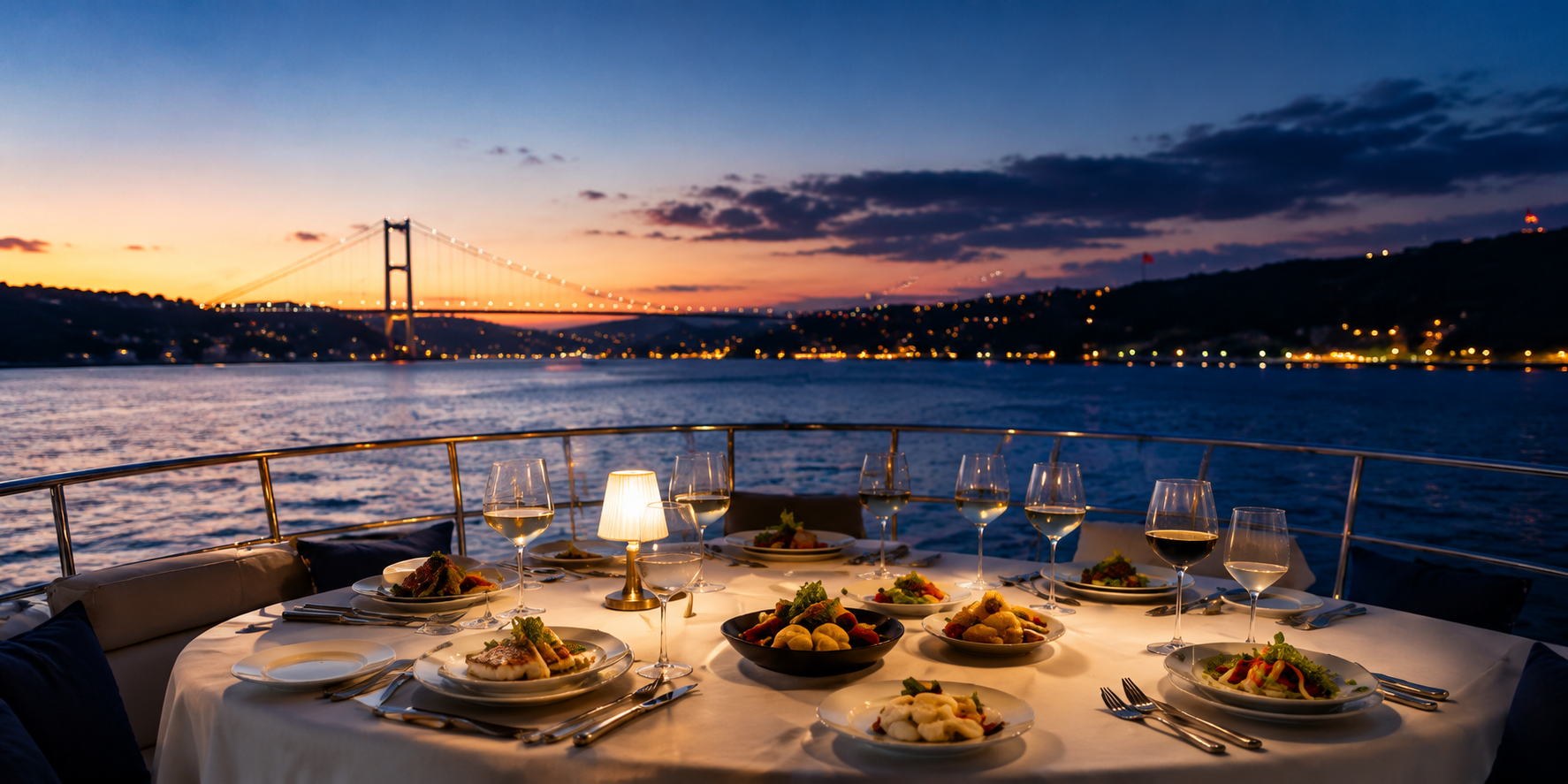 Akşam Boğaz manzarasında mumlu yemek masası