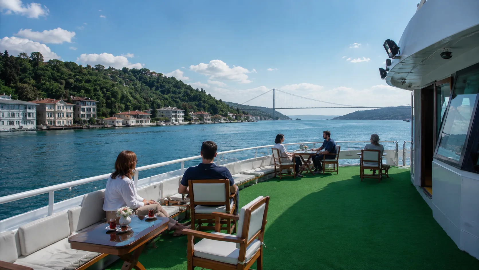 Guests enjoying the open aft deck with the Bosphorus bridge beyond