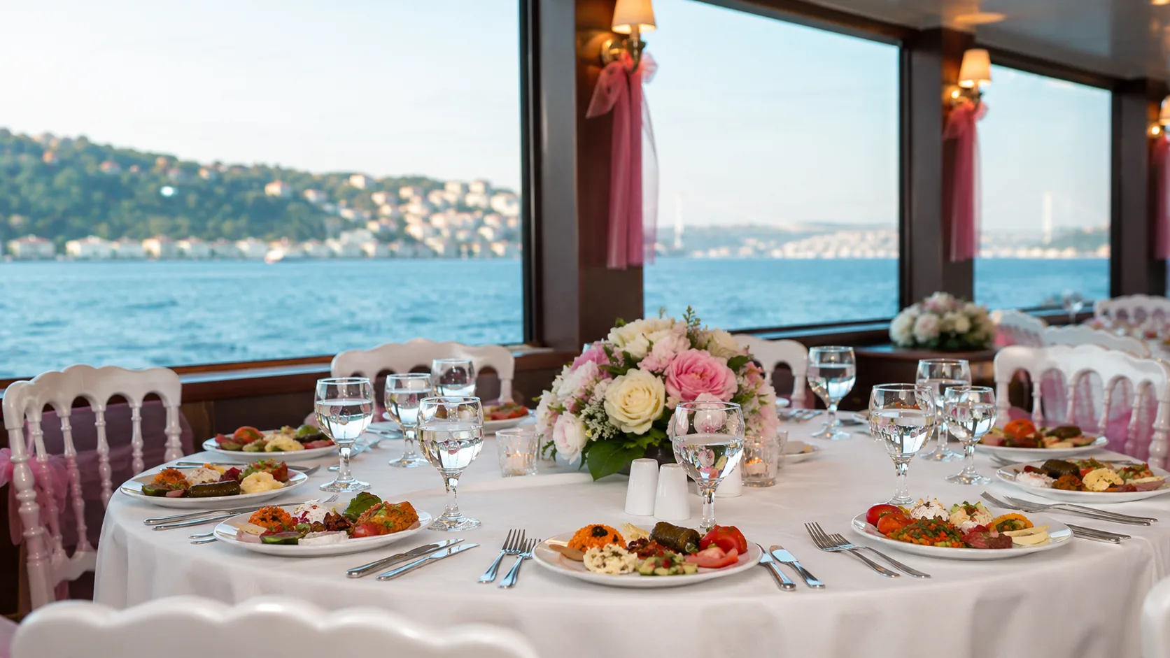 An intimate dinner table set against the Bosphorus
