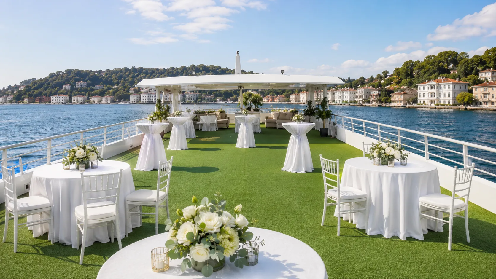 Wedding reception laid out on the open deck